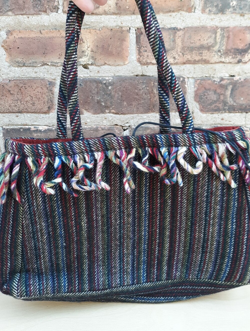 Angela Hope Irish Woven Wool Carpet Bag Tote Fringe Trim Velvet Lining Vintage